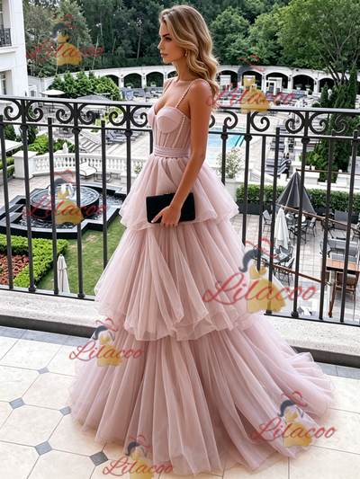 Pink Tulle Spaghetti Straps Prom Dress