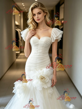 White Mermaid Tulle Pleats Flower Wedding Dress