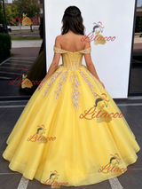 Yellow Tulle Off the Shoulder Appliques Quinceanera Dress