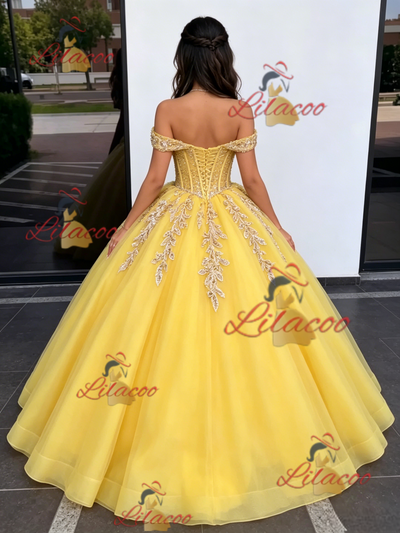 Yellow Tulle Off the Shoulder Appliques Quinceanera Dress