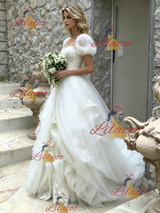 White Tulle Puff Sleeve Lace Wedding Dress