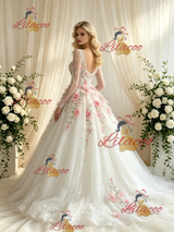 White Tulle V-neck Long Sleeve Appliques Wedding Dress
