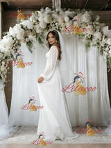White Long Sleeve V-neck Wedding Dress
