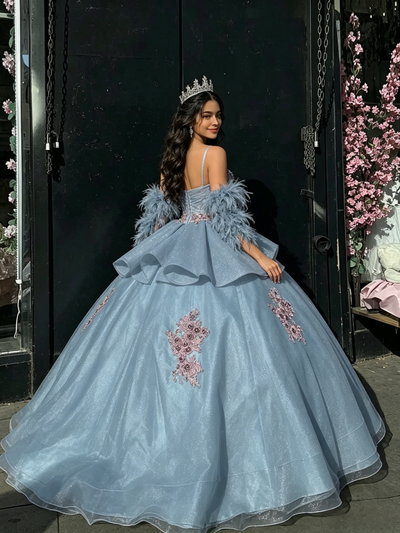 Blue Tulle Appliques Straps Quinceanera Dress