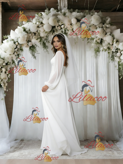 White Long Sleeve V-neck Wedding Dress
