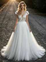White Tulle Lace V-neck Wedding Dress