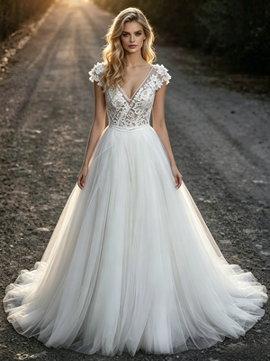 White Tulle Lace V-neck Wedding Dress