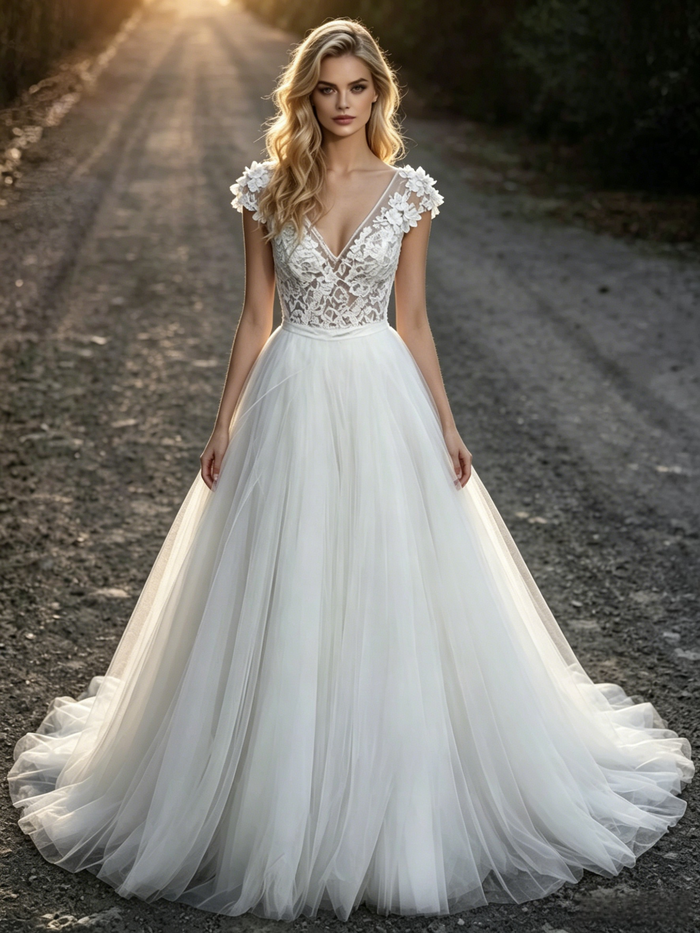 White Tulle Lace V-neck Wedding Dress