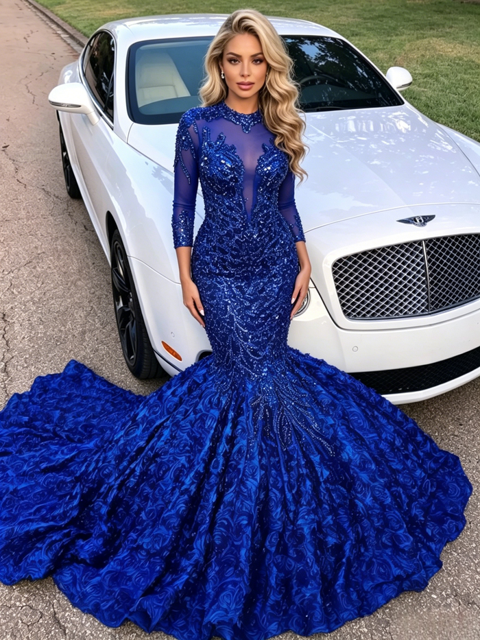 Blue Mermaid Sequins Short Sleeve Prom Dress
