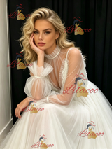 White Tulle Long Sleeve Pleats Wedding Dress