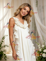 Beige White V-neck 3D Flower Wedding Dress