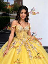 Yellow Tulle Off the Shoulder Appliques Quinceanera Dress