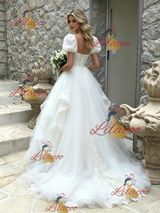 White Tulle Puff Sleeve Lace Wedding Dress