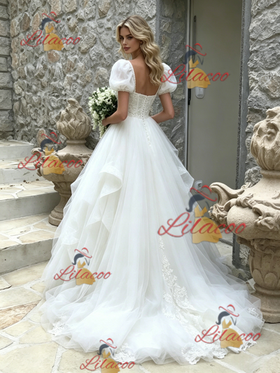 White Tulle Puff Sleeve Lace Wedding Dress