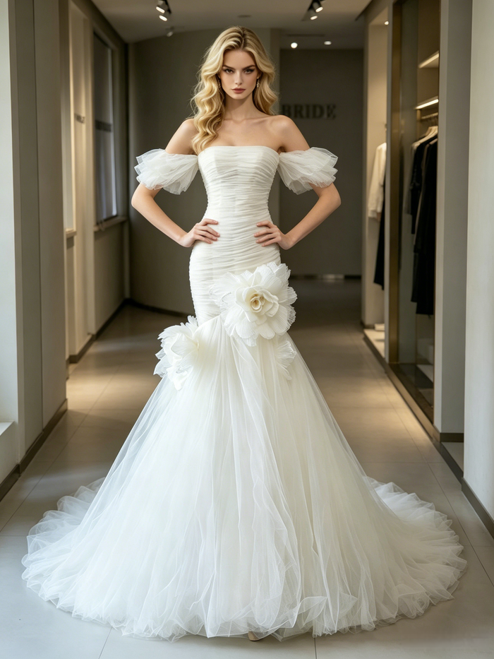 White Mermaid Tulle Pleats Wedding Dress