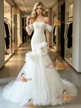 White Mermaid Tulle Pleats Wedding Dress