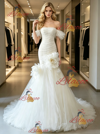 White Mermaid Tulle Pleats Wedding Dress