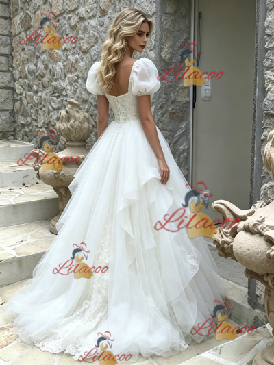 White Tulle Puff Sleeve Lace Wedding Dress