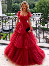 Red Square Neck Tulle Prom Dress