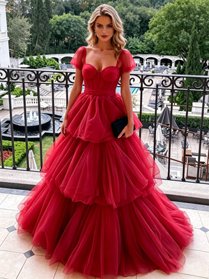 Red Square Neck Tulle Prom Dress
