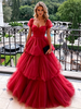 Red Square Neck Tulle Prom Dress