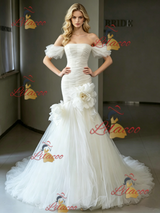 White Mermaid Tulle Pleats Wedding Dress