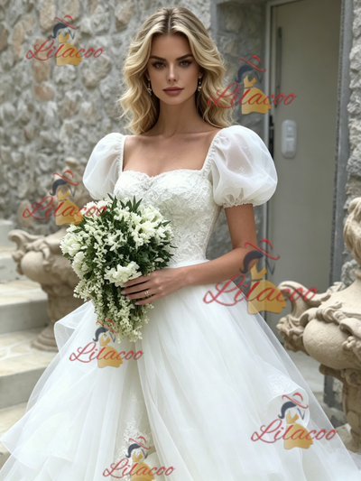 White Tulle Puff Sleeve Lace Wedding Dress