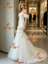 White Mermaid Tulle Pleats Wedding Dress