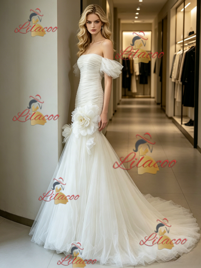 White Mermaid Tulle Pleats Wedding Dress