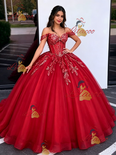 Red Tulle Off the Shoulder Appliques Quinceanera Dress