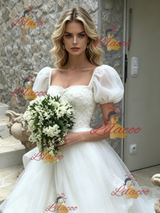 White Tulle Puff Sleeve Lace Wedding Dress