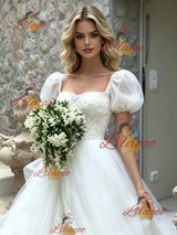 White Tulle Puff Sleeve Lace Wedding Dress
