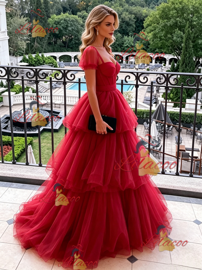 Red Square Neck Tulle Prom Dress