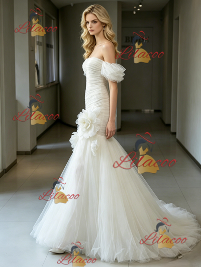 White Mermaid Tulle Pleats Wedding Dress