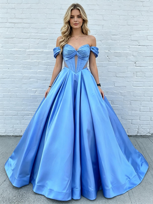 Blue Satin Off the Shoulder Prom Dress