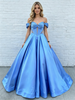 Blue Satin Off the Shoulder Prom Dress