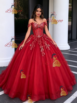 Red Tulle Off the Shoulder Appliques Quinceanera Dress