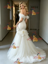 White Mermaid Tulle Pleats Wedding Dress
