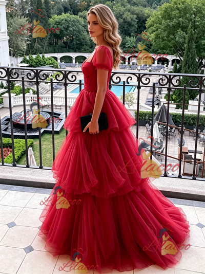 Red Square Neck Tulle Prom Dress