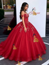 Red Tulle Off the Shoulder Appliques Quinceanera Dress