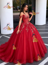 Red Tulle Off the Shoulder Appliques Quinceanera Dress