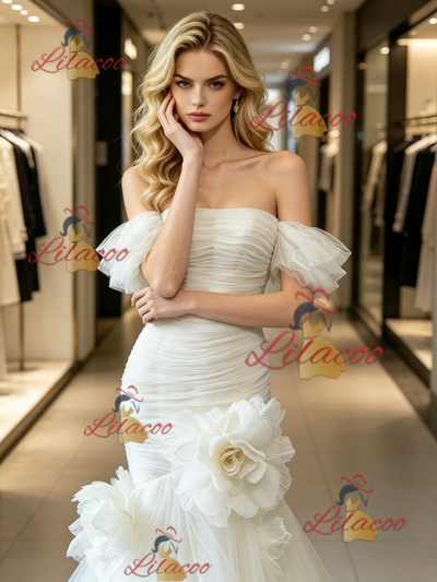 White Mermaid Tulle Pleats Wedding Dress
