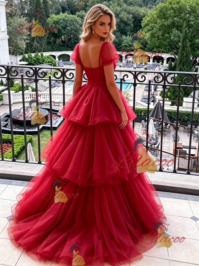 Red Square Neck Tulle Prom Dress