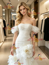 White Mermaid Tulle Pleats Wedding Dress