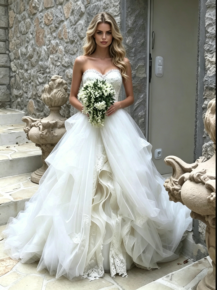White Tulle Lace Strapless Wedding Dress