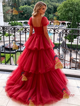 Red Square Neck Tulle Prom Dress