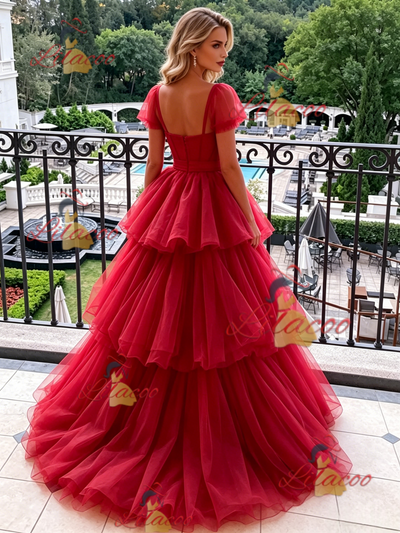 Red Square Neck Tulle Prom Dress