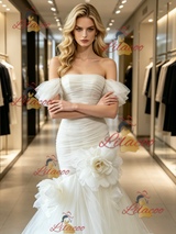 White Mermaid Tulle Pleats Wedding Dress