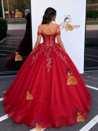 Red Tulle Off the Shoulder Appliques Quinceanera Dress