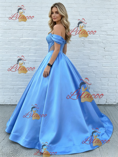 Blue Satin Off the Shoulder Prom Dress
